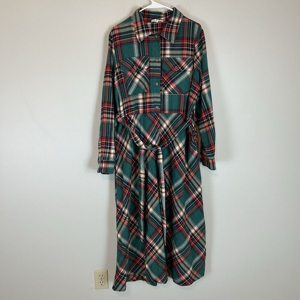 Jade By Jane Large Flannel Shirt Dress Plaid Maxi Tie Green Red Lumberjack Cotto